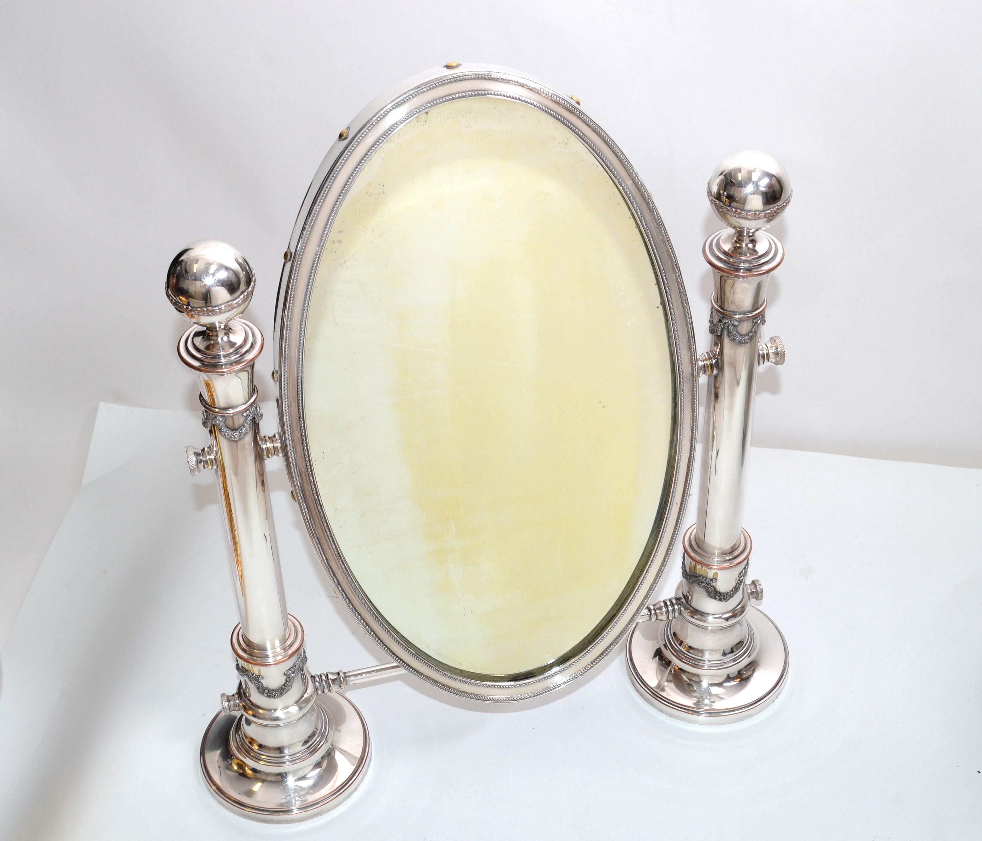 British Colonial Antique 1910 Sheffield England Oval Vanity Mirror Pedestal For Sale 4