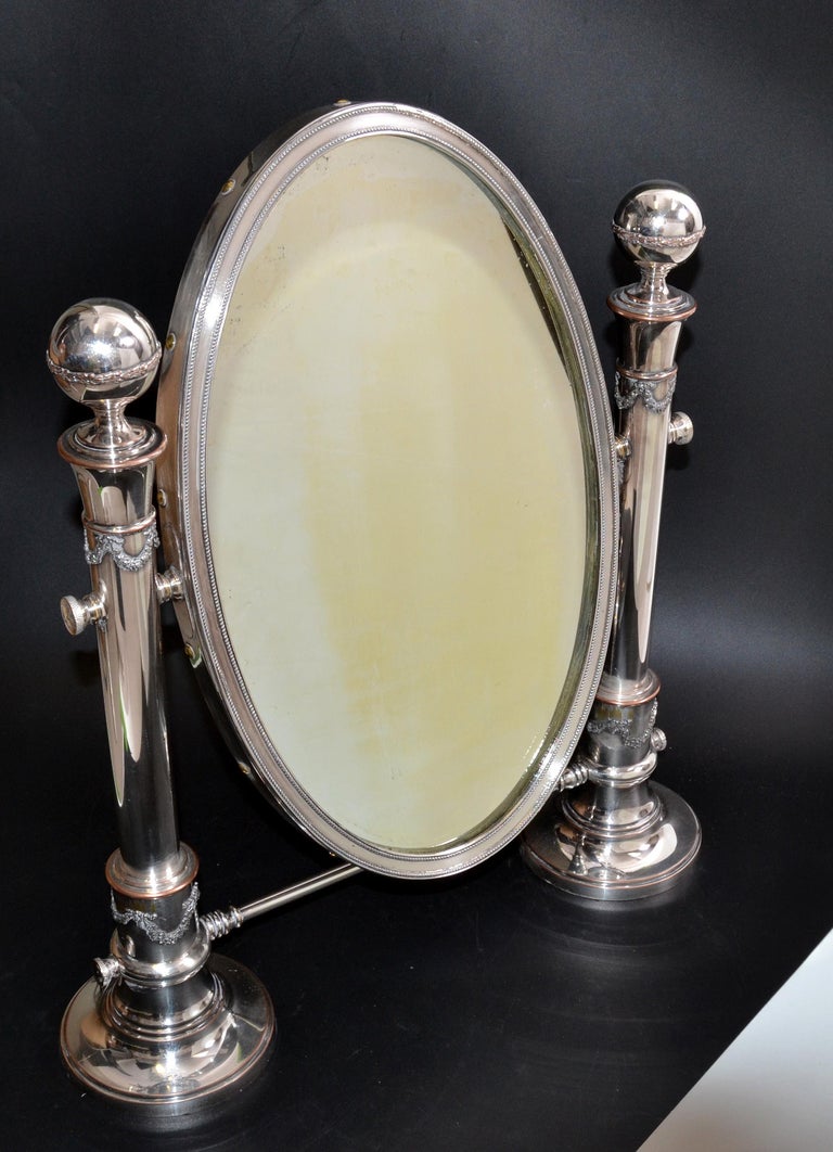 British Colonial Antique 1910 Sheffield England Oval Vanity Mirror Pedestal  For Sale at 1stDibs