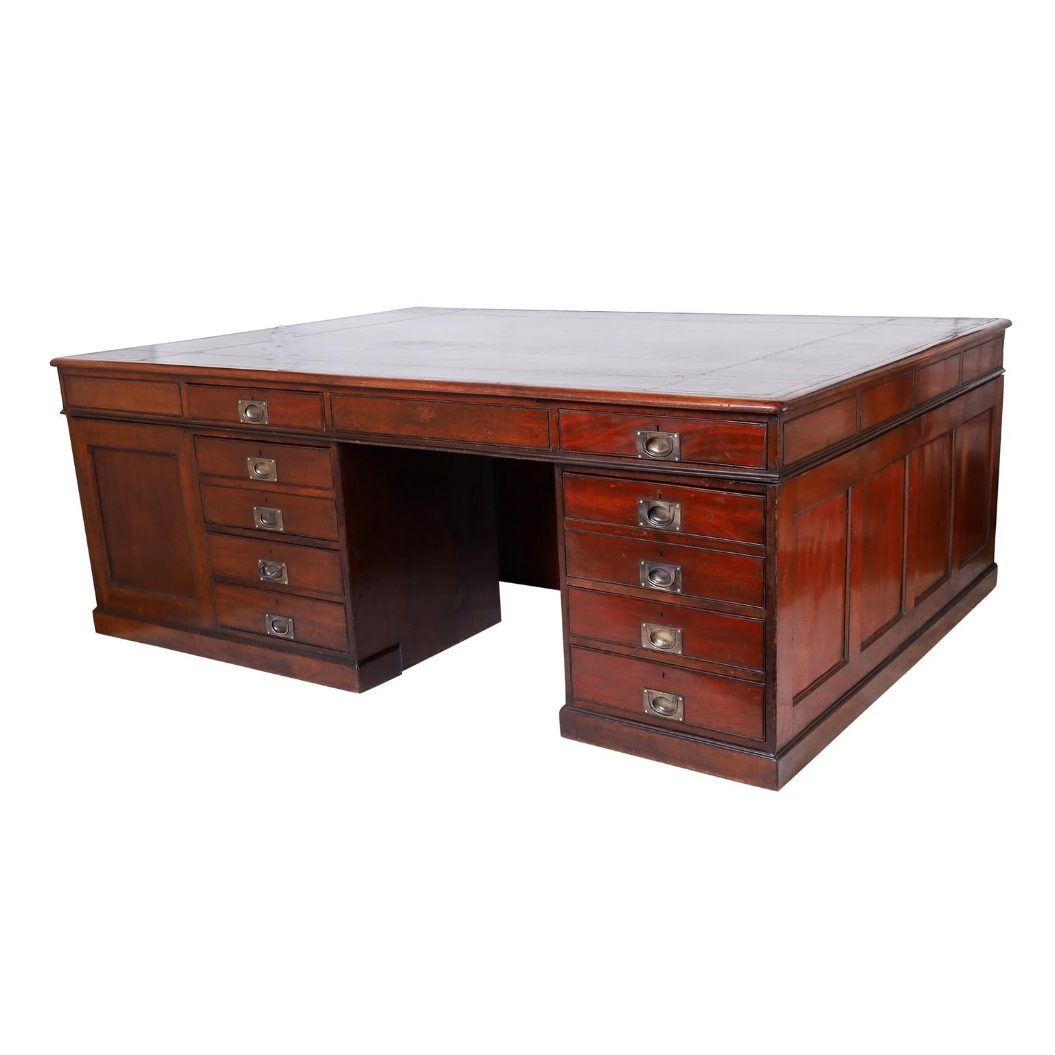 Hand-Crafted British Colonial Antique Campaign Leather Top Three Person Desk or Workspace For Sale
