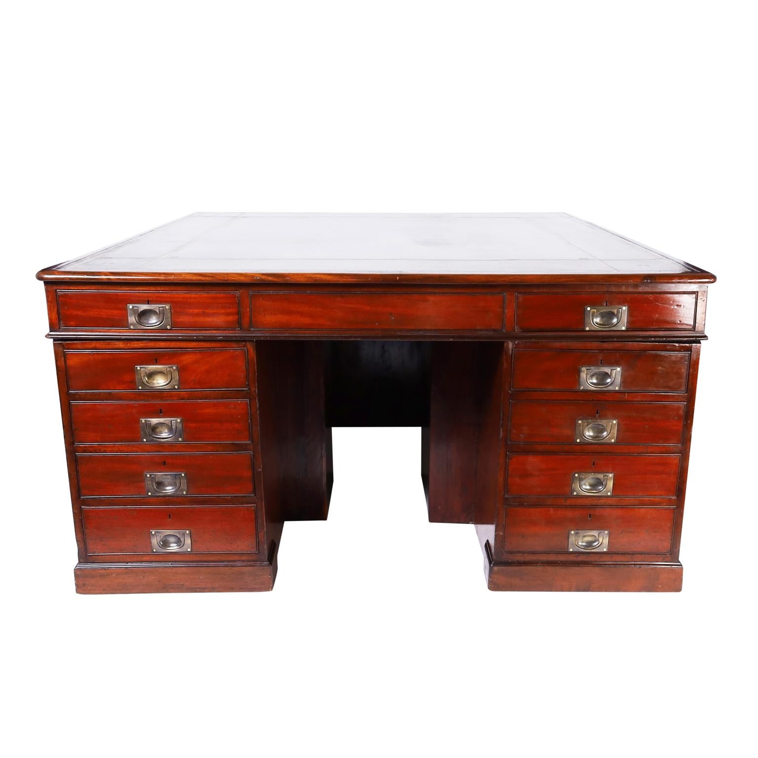 British Colonial Antique Campaign Leather Top Three Person Desk or Workspace In Good Condition For Sale In Palm Beach, FL