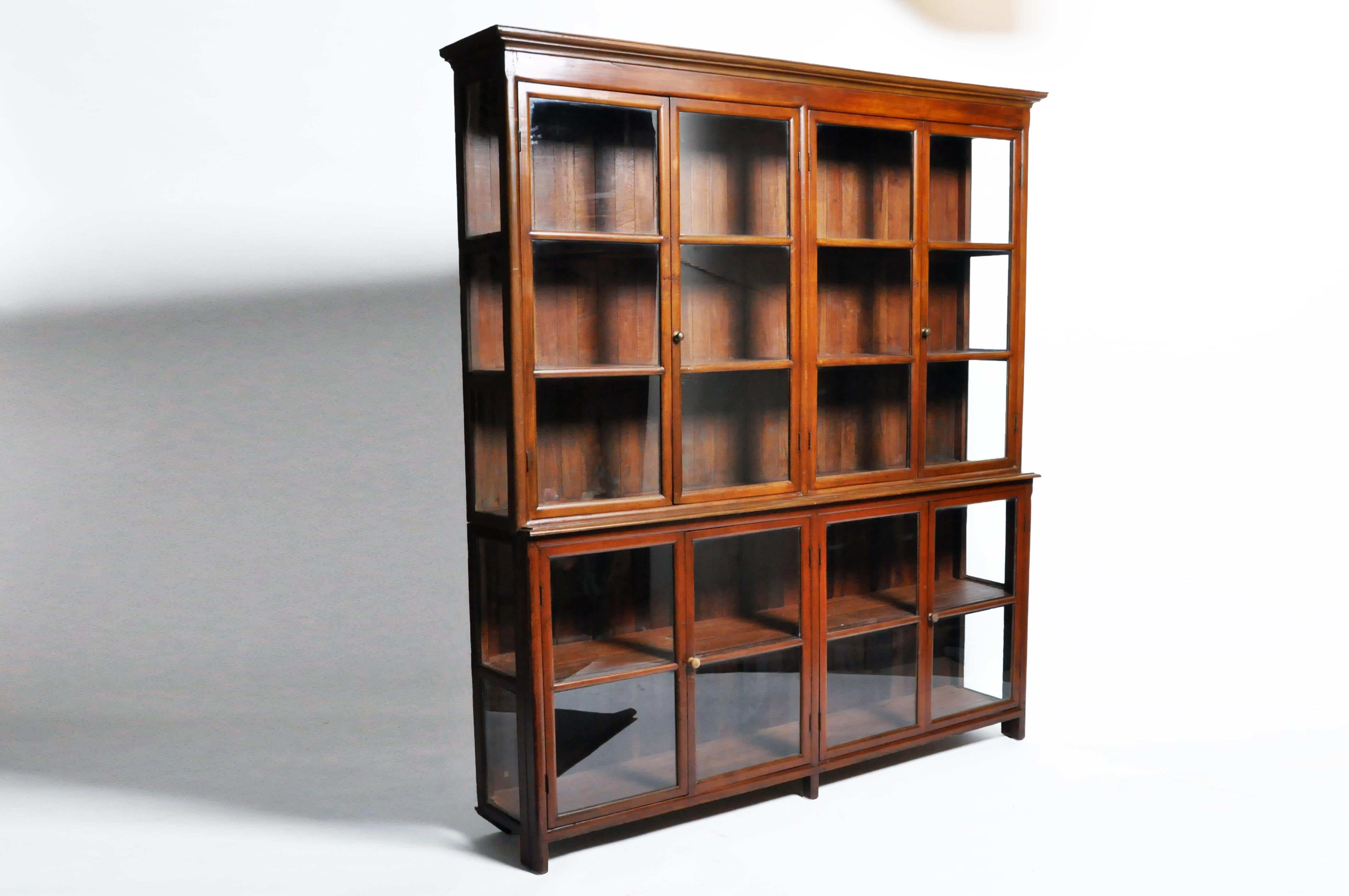 Thai British Colonial Art Deco Breakfront Bookcase with Four Pairs of Doors
