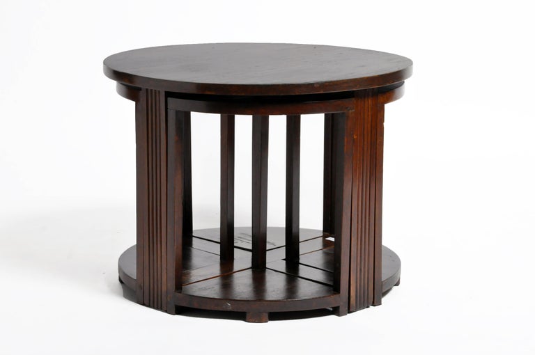 British Colonial Art Deco Round Coffee Table With Four Stools For