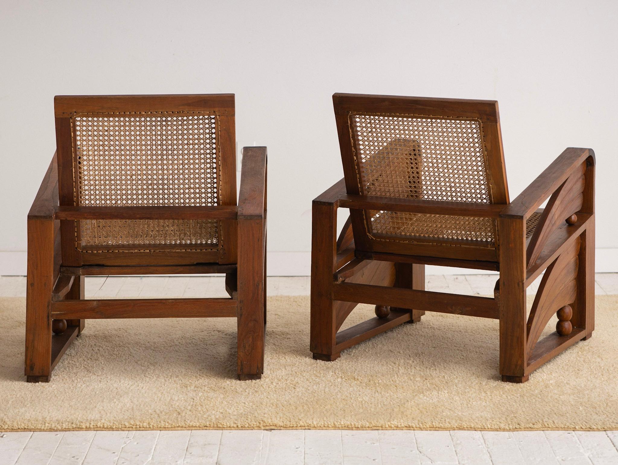 British Colonial Art Deco Teak and Cane Chairs, a Pair 6