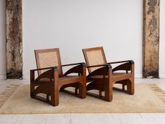 British Colonial Art Deco Teak and Cane Chairs, a Pair
