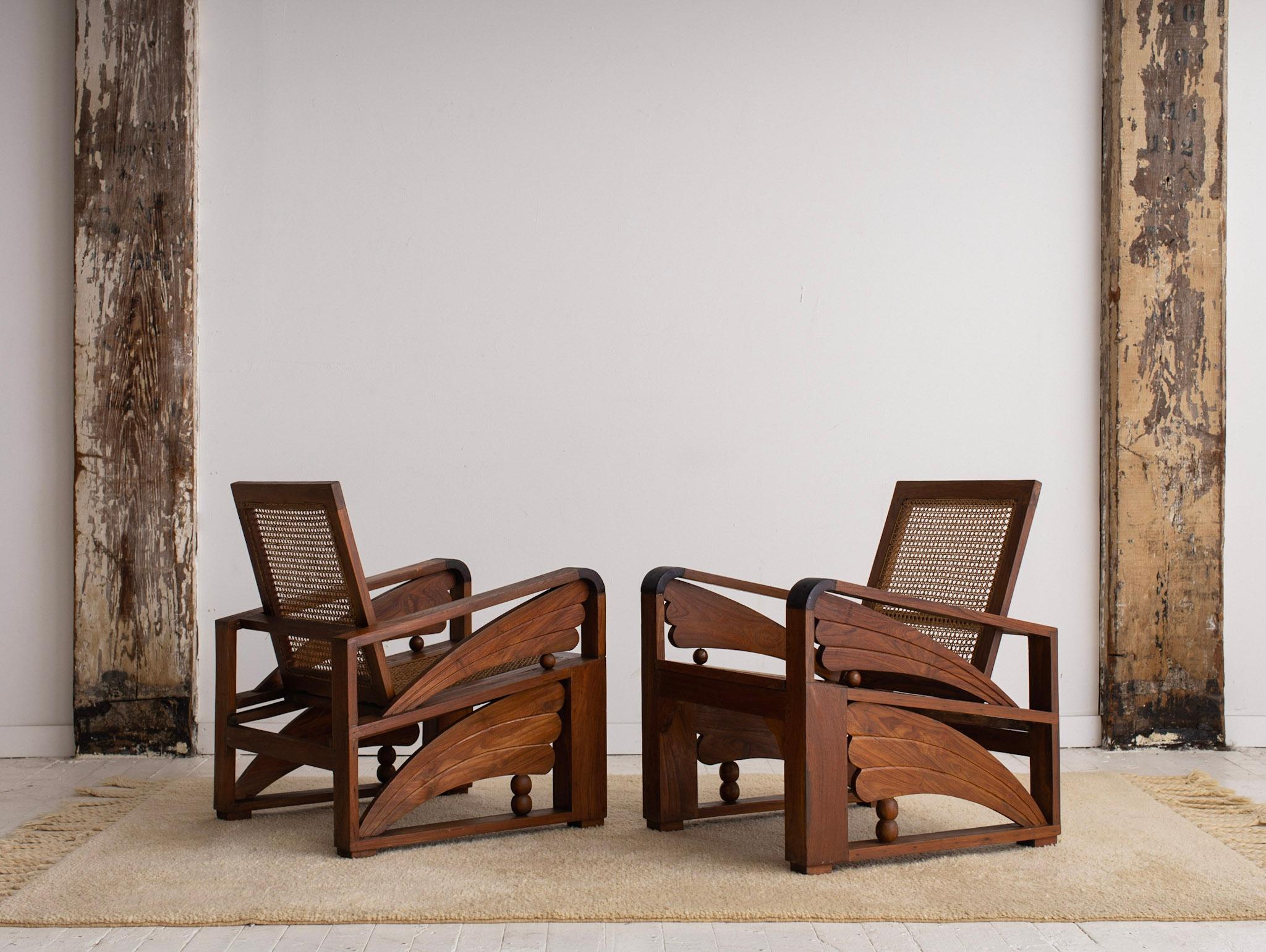 Indian British Colonial Art Deco Teak and Cane Chairs, a Pair