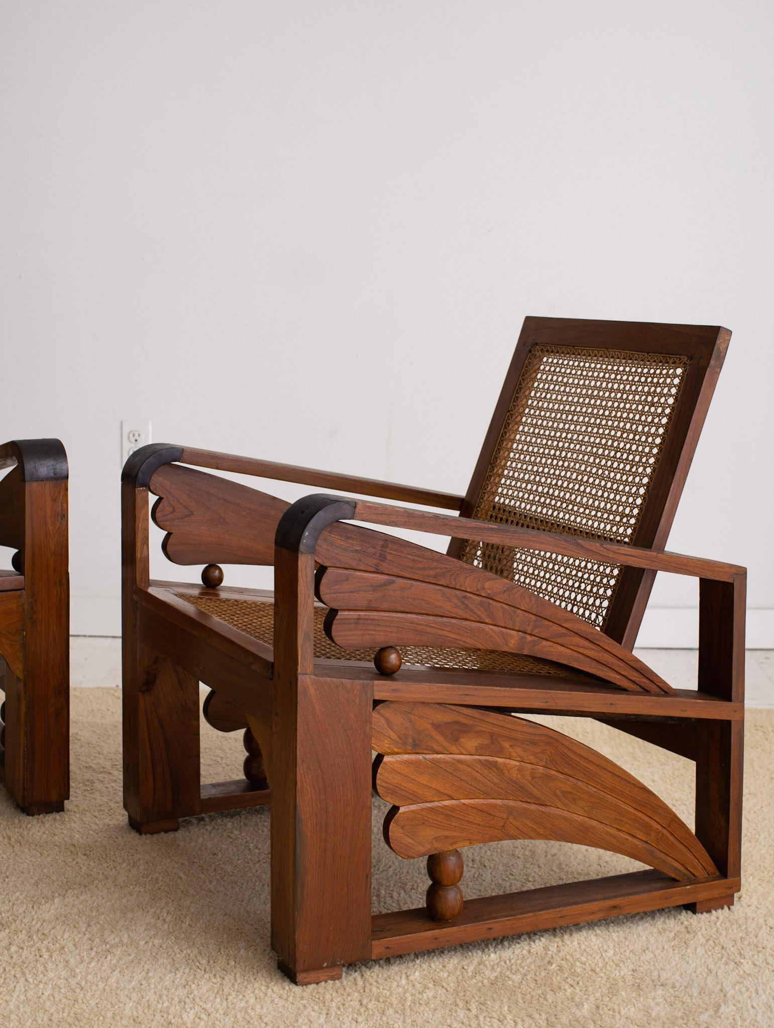 British Colonial Art Deco Teak and Cane Chairs, a Pair In Fair Condition In Brooklyn, NY