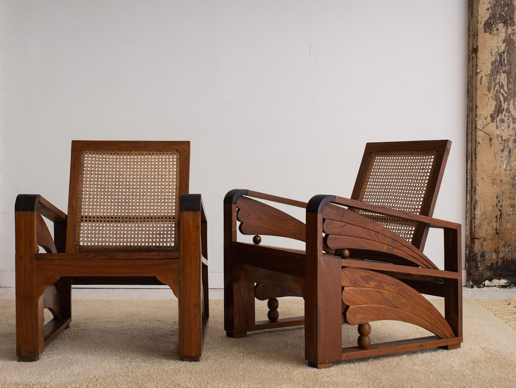 20th Century British Colonial Art Deco Teak and Cane Chairs, a Pair