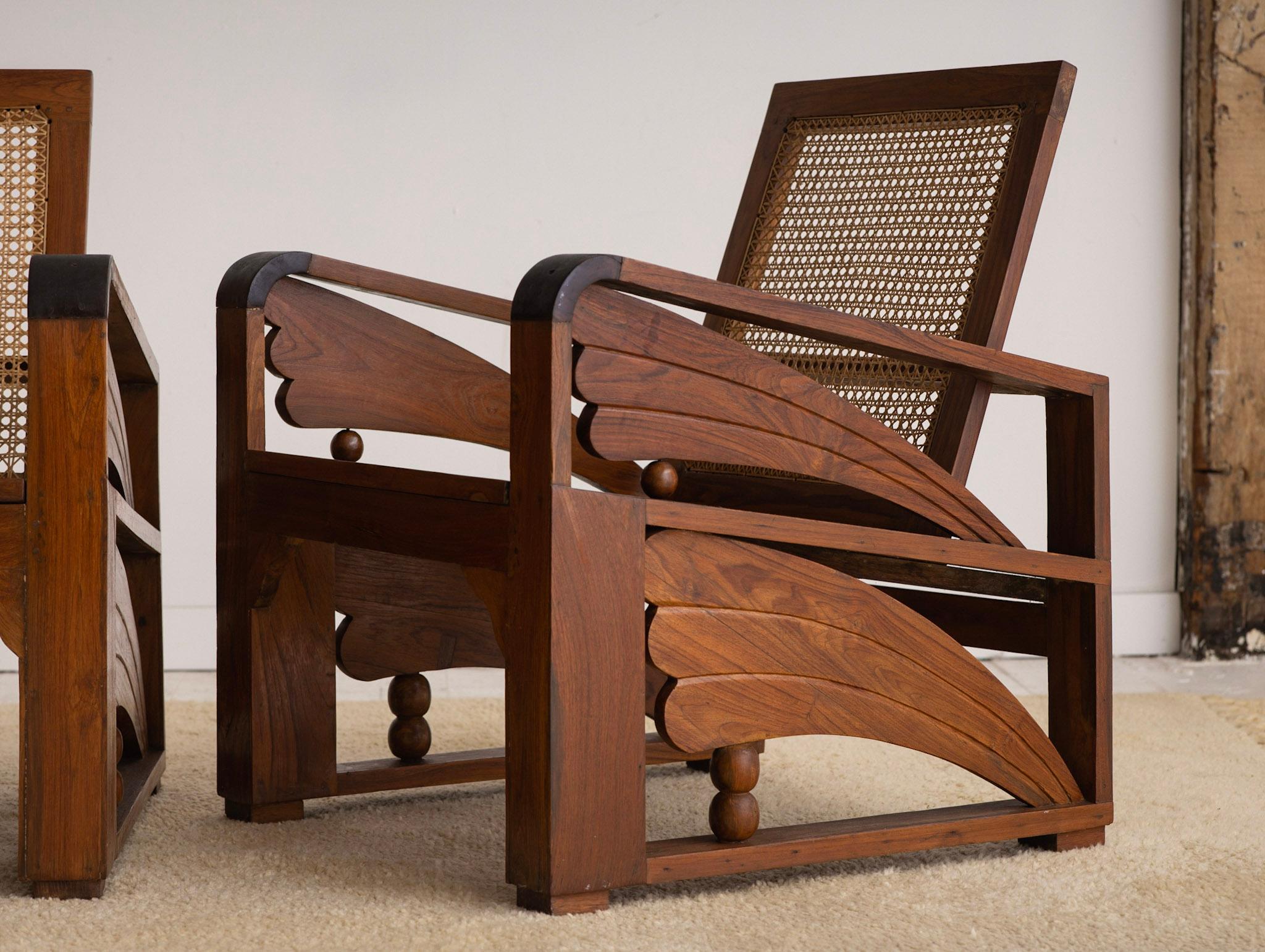 British Colonial Art Deco Teak and Cane Chairs, a Pair 1