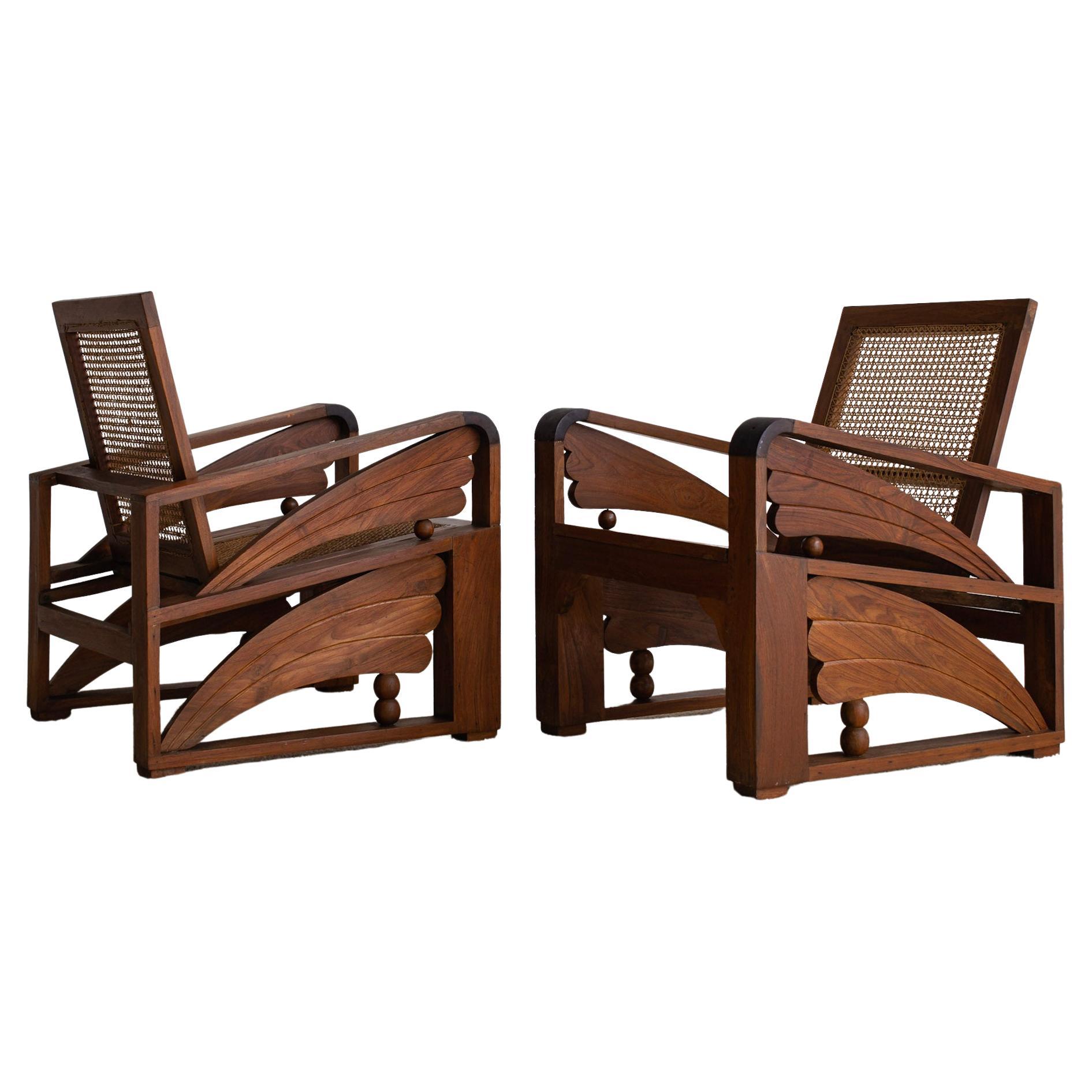 British Colonial Art Deco Teak and Cane Chairs, a Pair