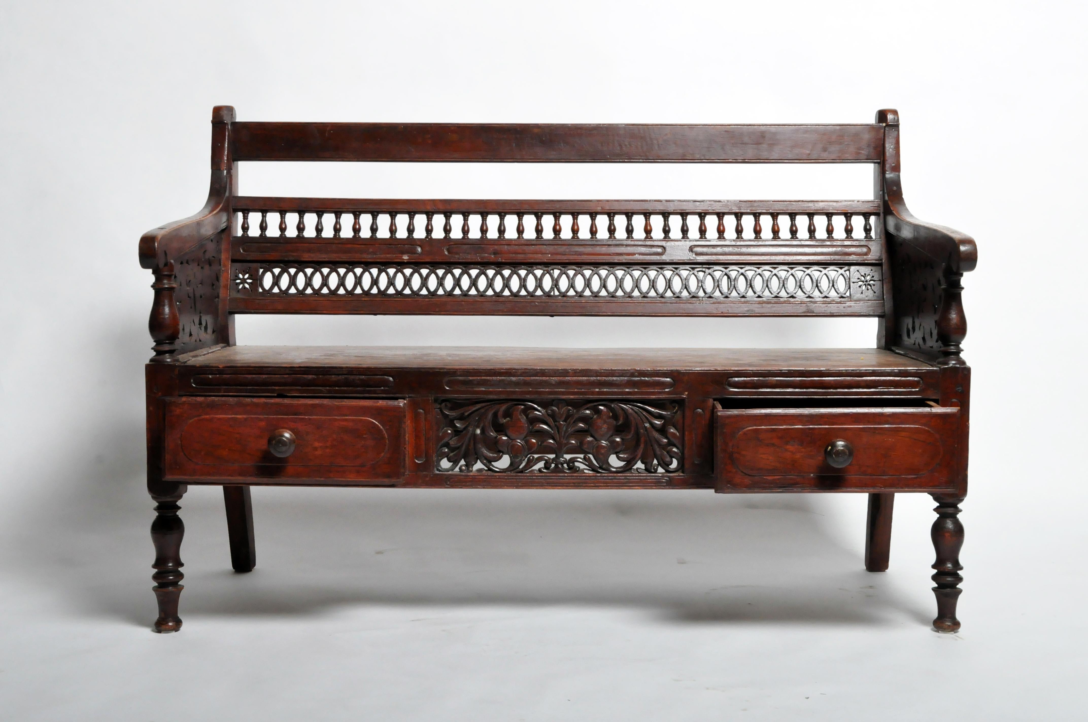 British Colonial Bench with Two Drawers at 1stDibs