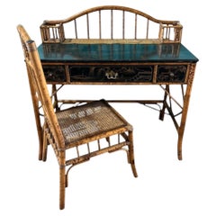 British Colonial Burnt Bamboo and Rattan Desk and Coordinating Chair