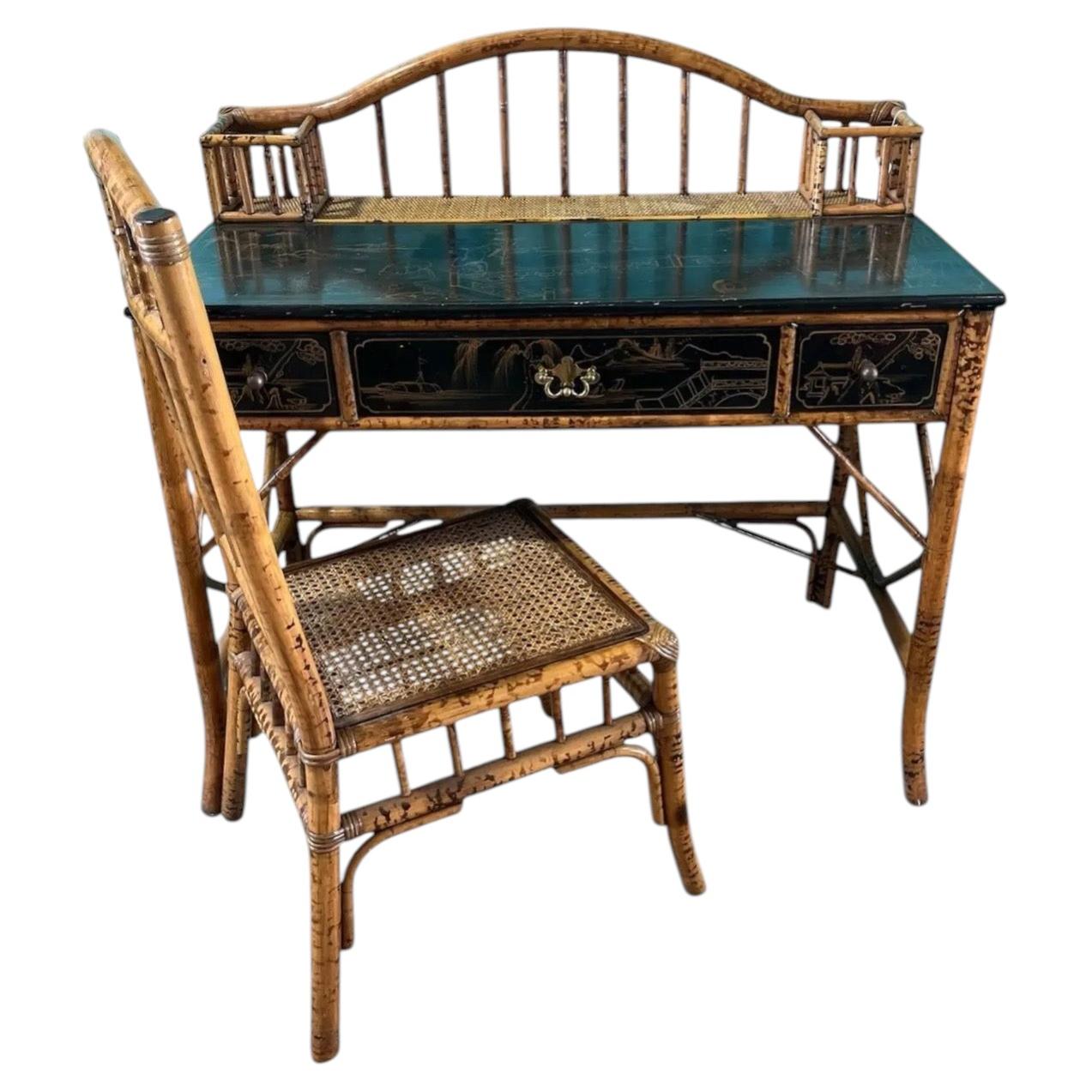 British Colonial Burnt Bamboo and Rattan Desk and Coordinating Chair For Sale