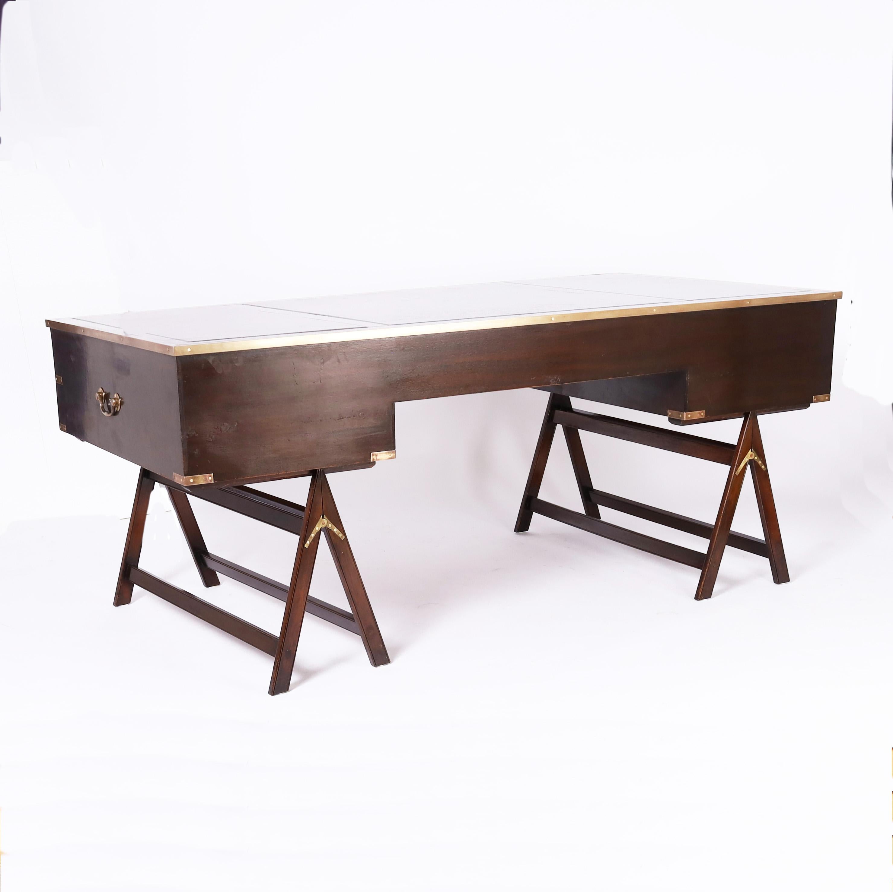 British Colonial Campaign Leather Top Sawhorse Desk In Good Condition For Sale In Palm Beach, FL