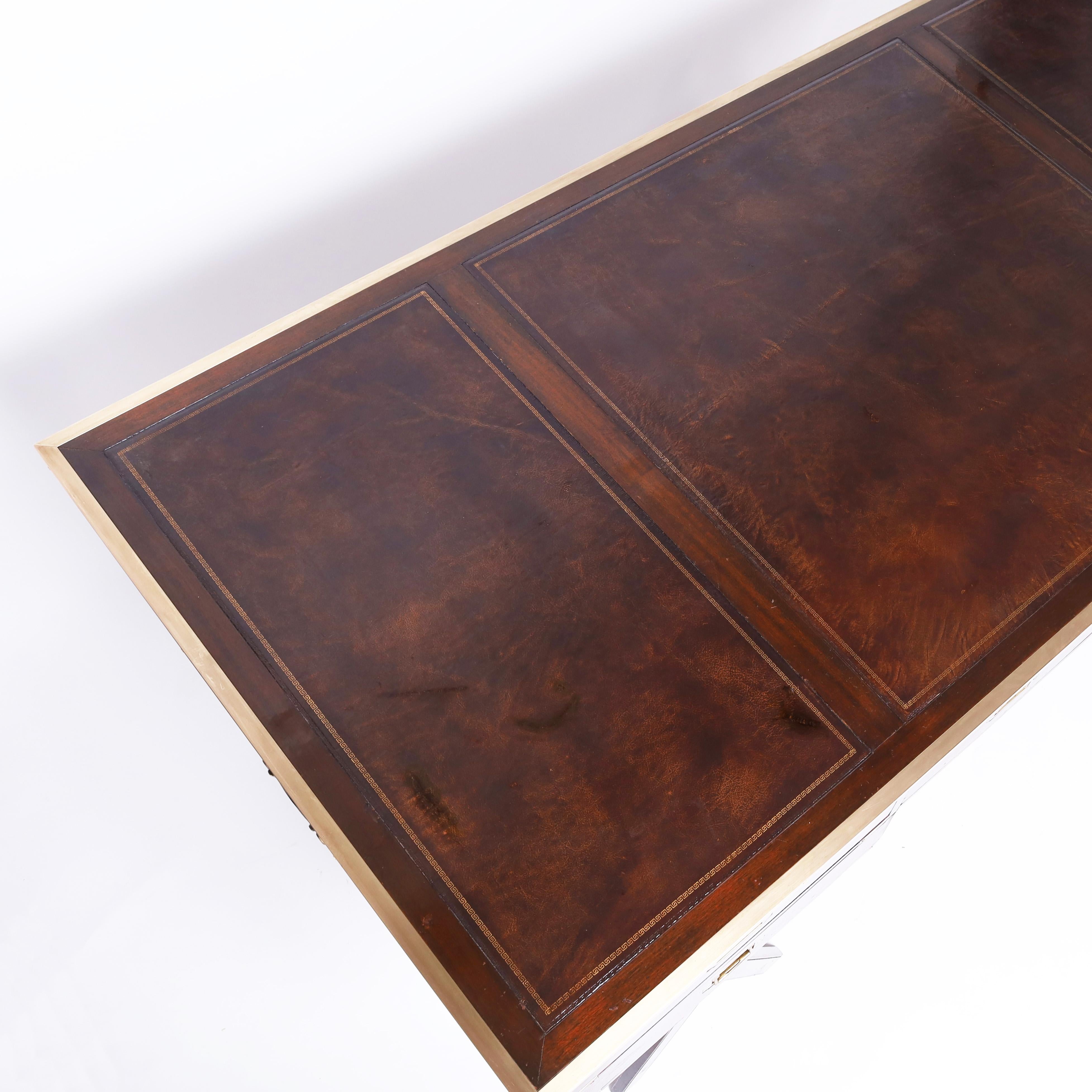 20th Century British Colonial Campaign Leather Top Sawhorse Desk For Sale