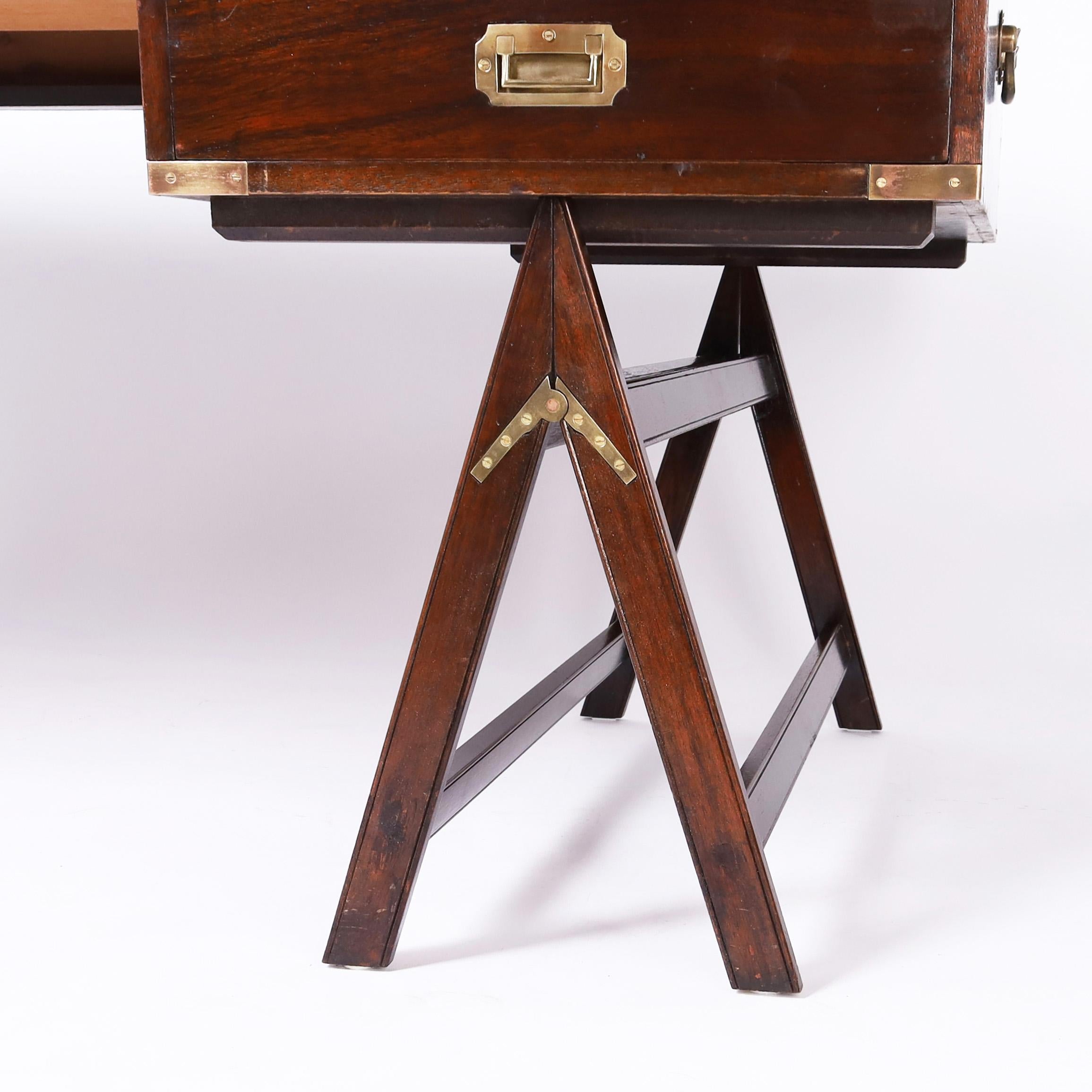 British Colonial Campaign Leather Top Sawhorse Desk For Sale 3
