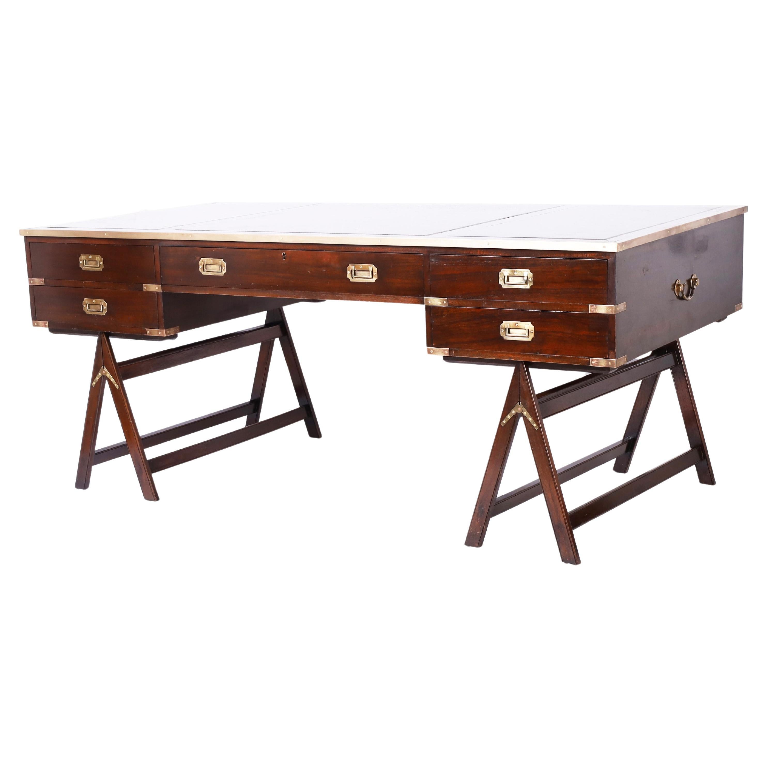 British Colonial Campaign Leather Top Sawhorse Desk For Sale