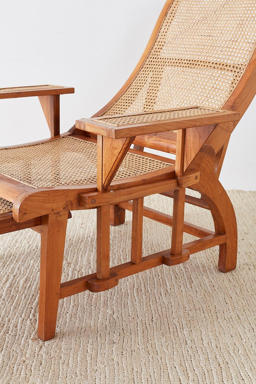 British Colonial Caned Teak Plantation Lounger with Ottoman 3