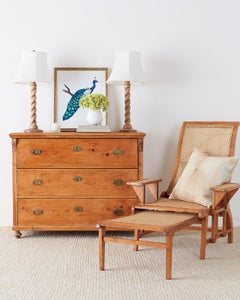 British Colonial Caned Teak Plantation Lounger with Ottoman