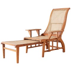 Vintage British Colonial Caned Teak Plantation Lounger with Ottoman