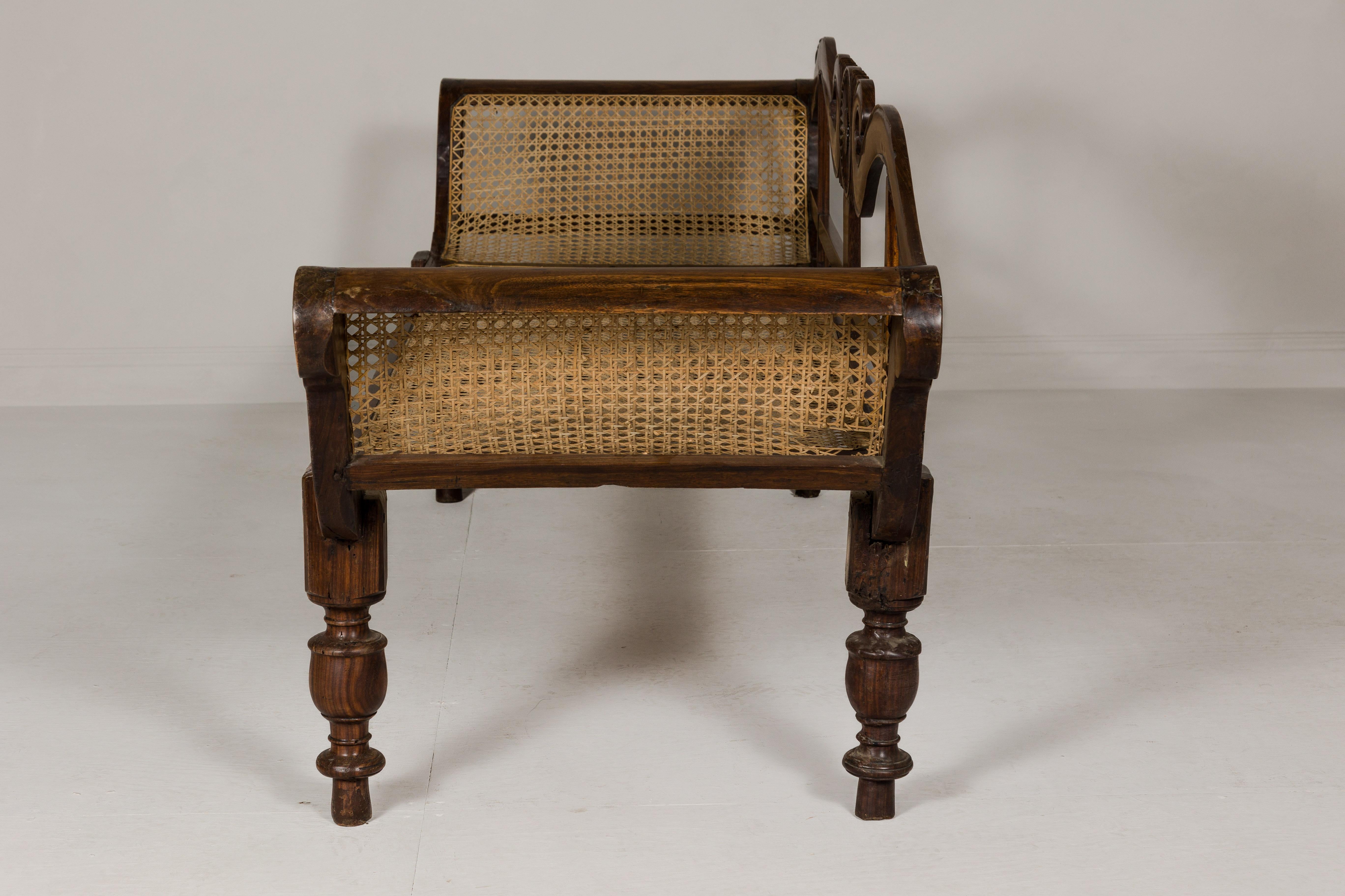 British Colonial Carved and Cane Settee with Swan Neck Back and Scrolling Arms For Sale 12