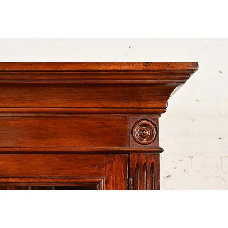 British Colonial Carved Cherry Wood Lighted Bookcase Cabinet For Sale 4