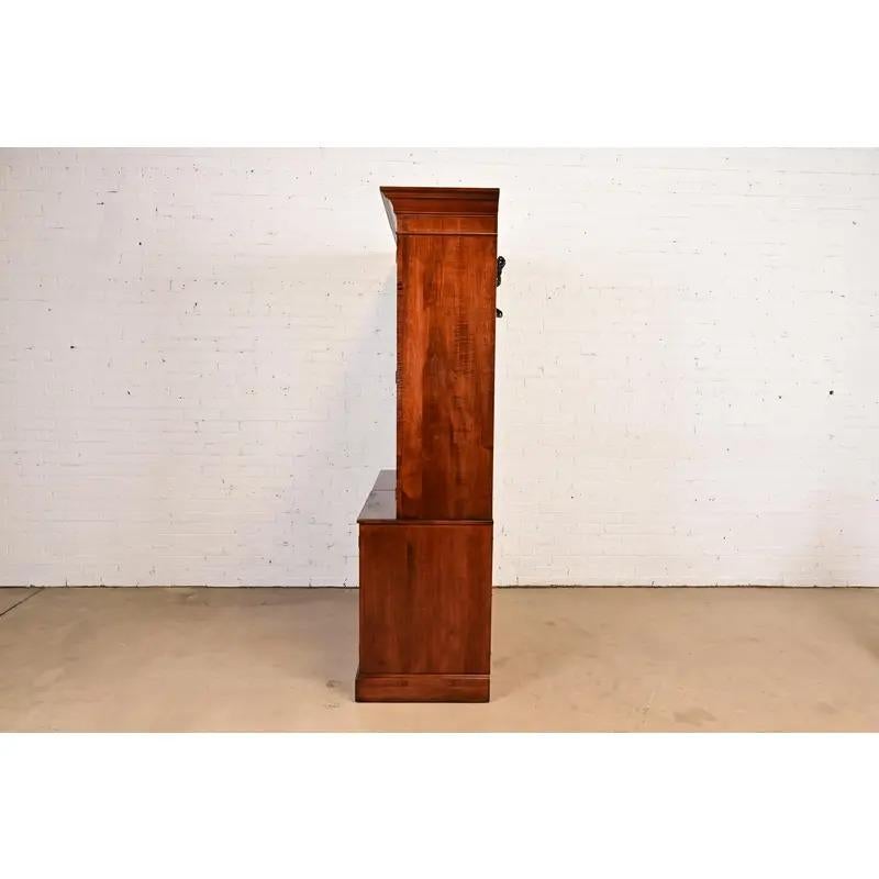 British Colonial Carved Cherry Wood Lighted Bookcase Cabinet For Sale 6