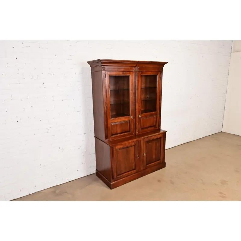 20th Century British Colonial Carved Cherry Wood Lighted Bookcase Cabinet For Sale