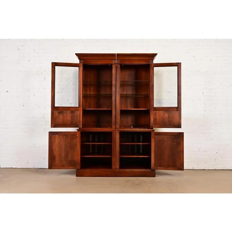 Brass British Colonial Carved Cherry Wood Lighted Bookcase Cabinet For Sale