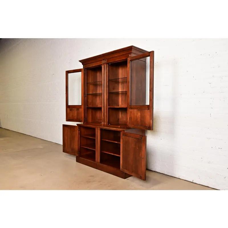 British Colonial Carved Cherry Wood Lighted Bookcase Cabinet For Sale 1