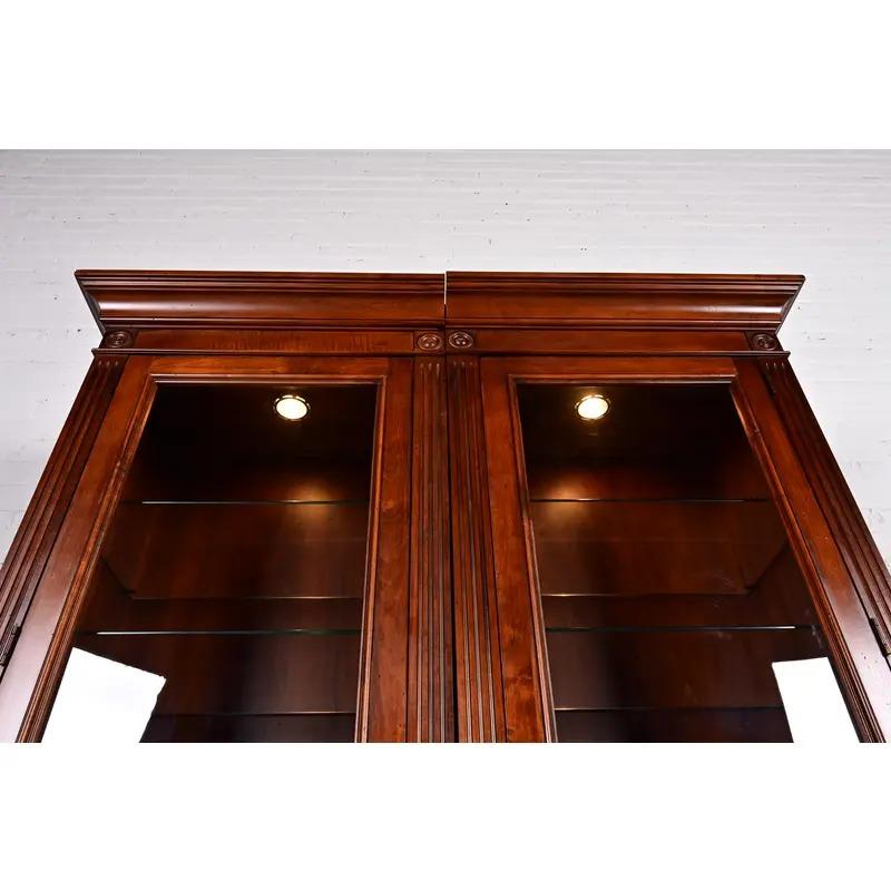 British Colonial Carved Cherry Wood Lighted Bookcase Cabinet For Sale 2