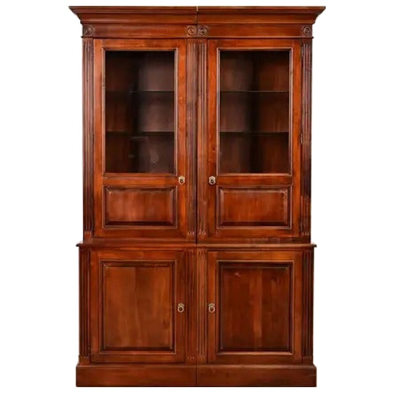 British Colonial Carved Cherry Wood Lighted Bookcase Cabinet