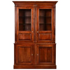British Colonial Carved Cherry Wood Lighted Bookcase Cabinet