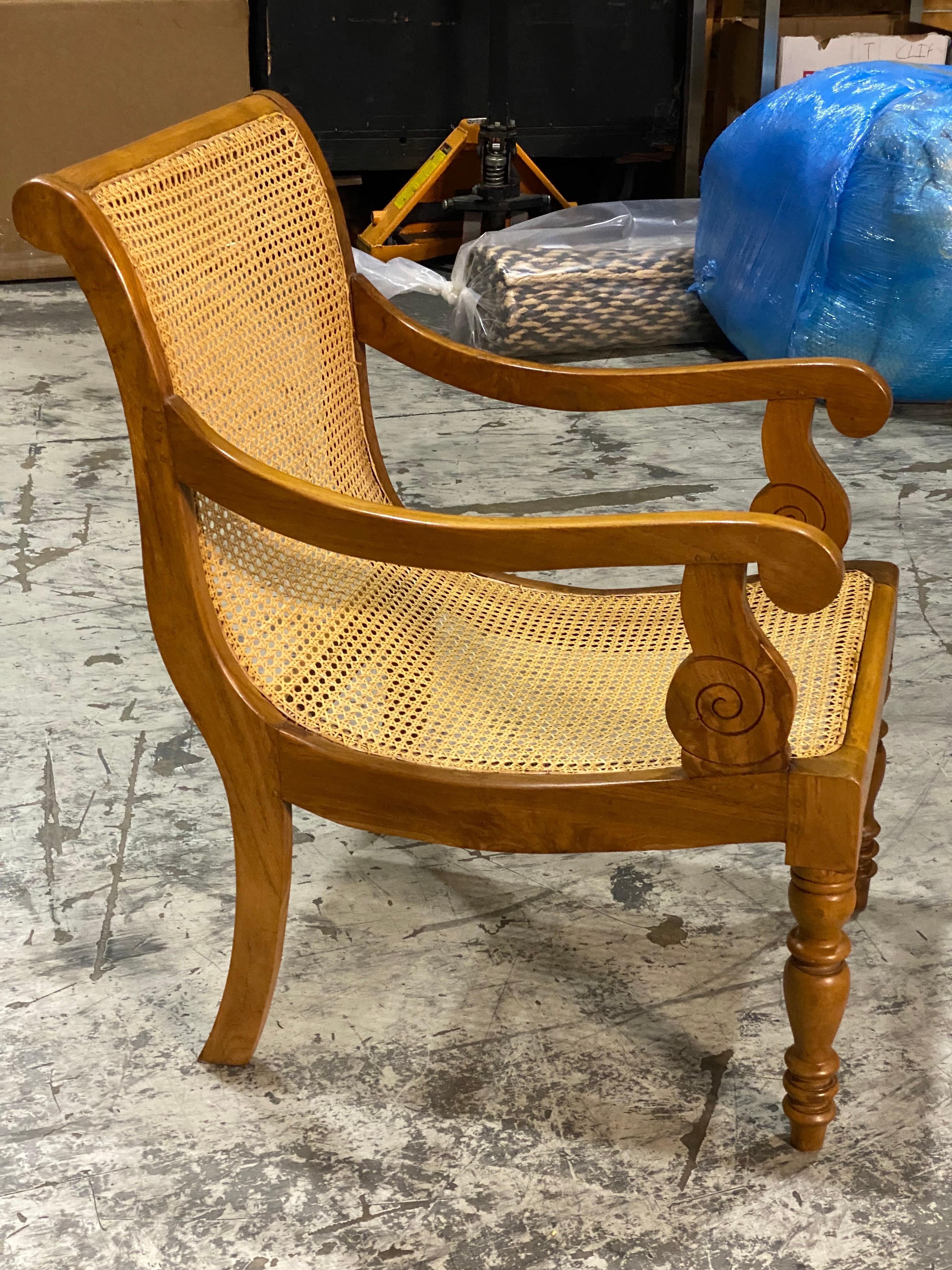 British Colonial Ceylonese Solid Satinwood & Hand Cane Armchair In Good Condition For Sale In Southampton, NY