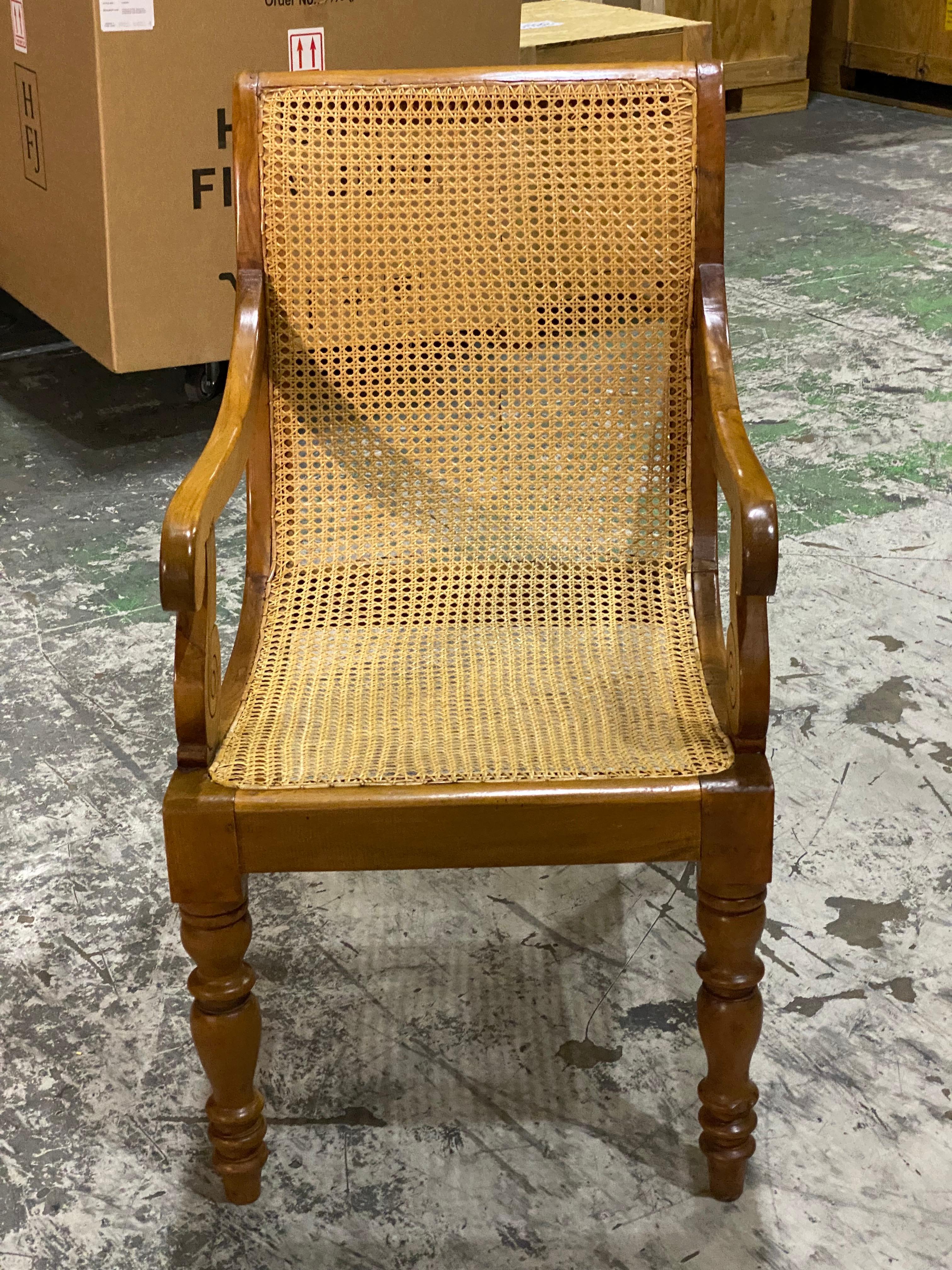 20th Century British Colonial Ceylonese Solid Satinwood & Hand Cane Armchair For Sale