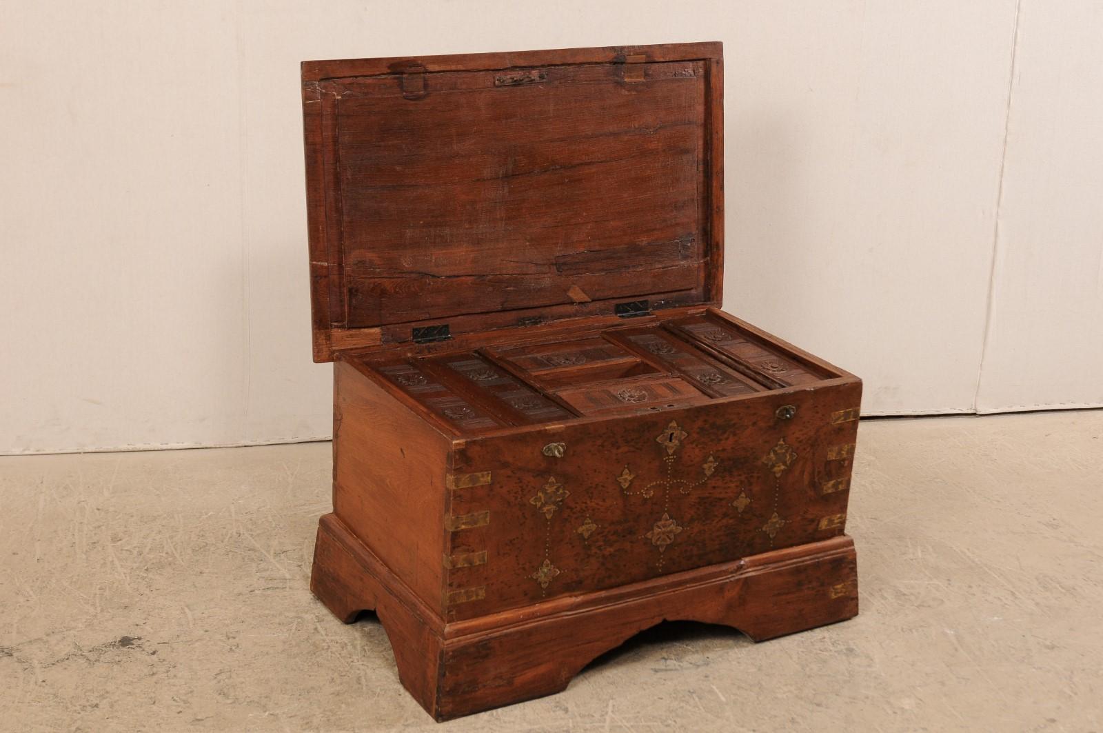 British Colonial Chest or Trunk with Compartments & Beautiful Floral Brass Inlay 2