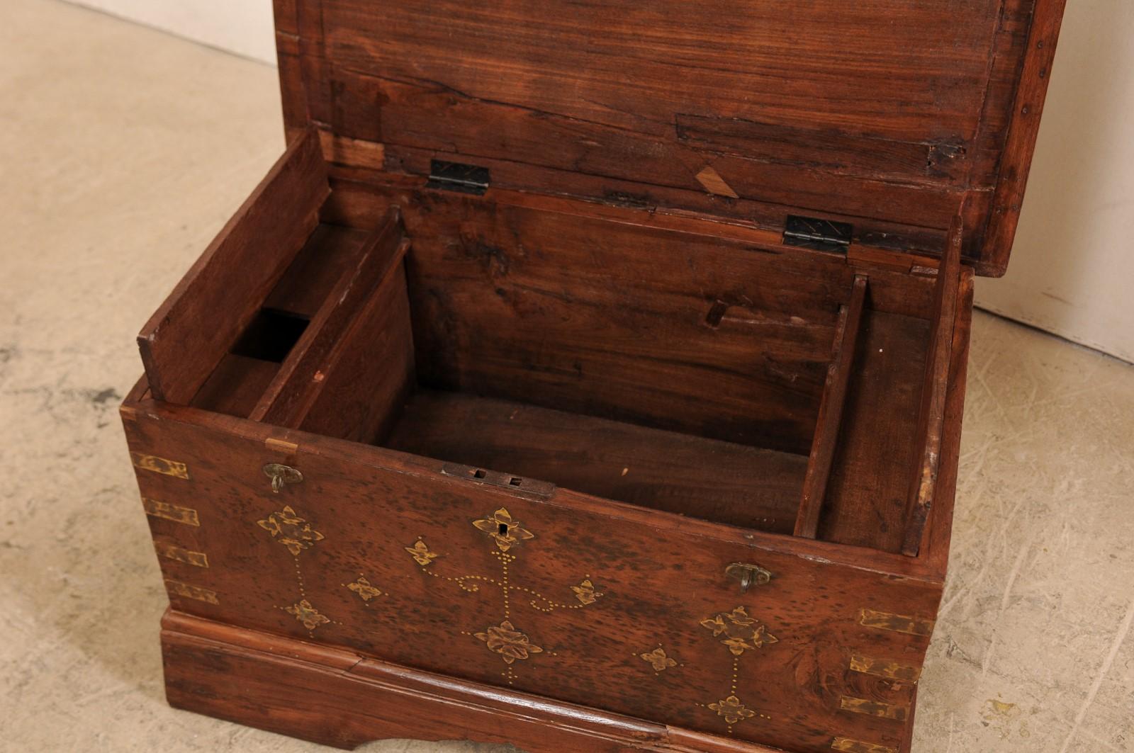 British Colonial Chest or Trunk with Compartments & Beautiful Floral Brass Inlay 6