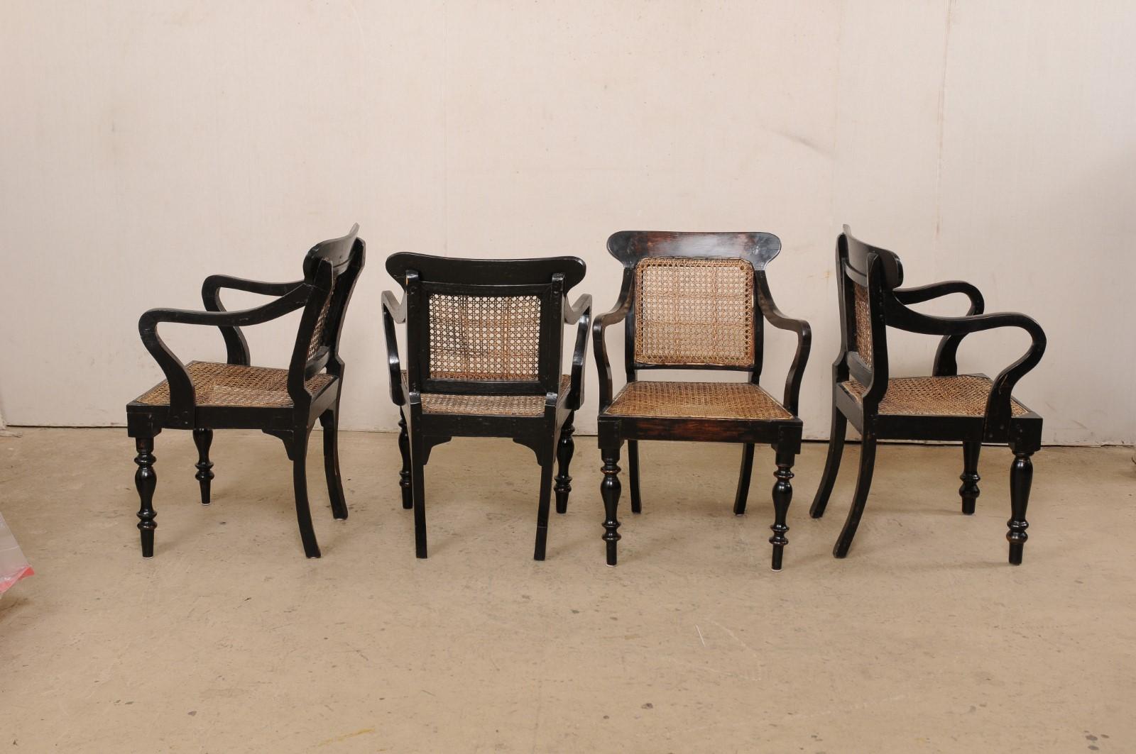 British Colonial Dining Set Round Table & Four Arm Chairs w/Cane Seat/Back 5