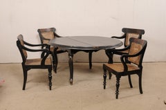 British Colonial Dining Set Round Table & Four Arm Chairs w/Cane Seat/Back
