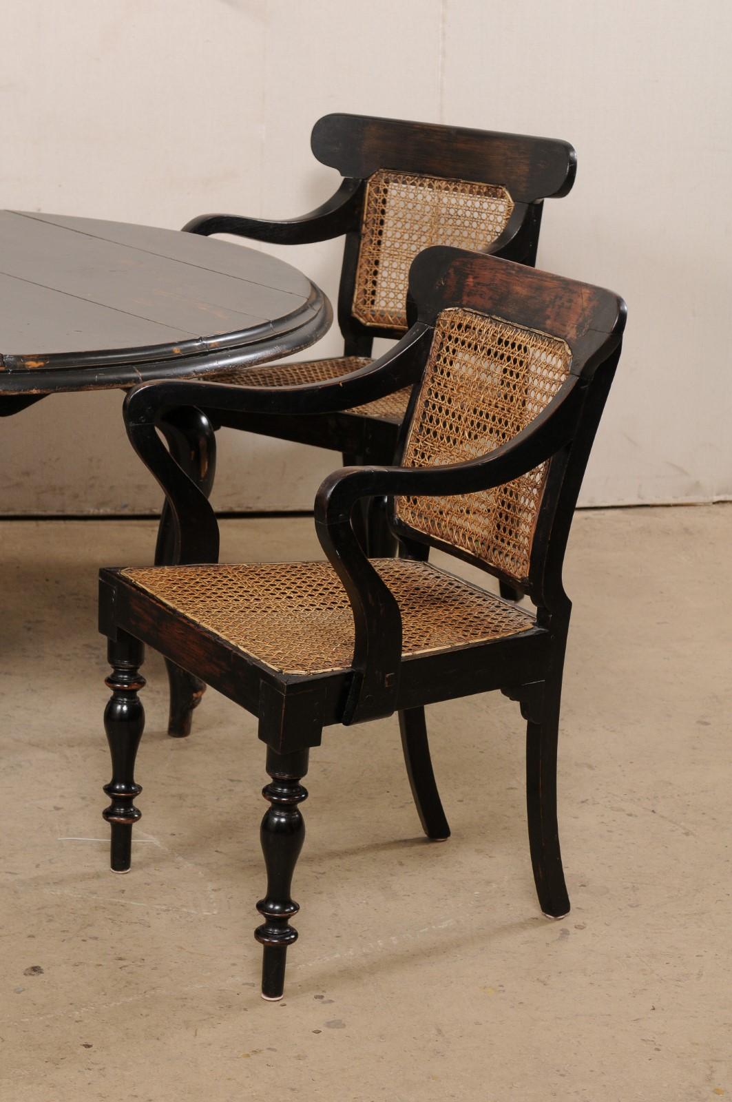 Singaporean British Colonial Dining Set Round Table & Four Arm Chairs w/Cane Seat/Back
