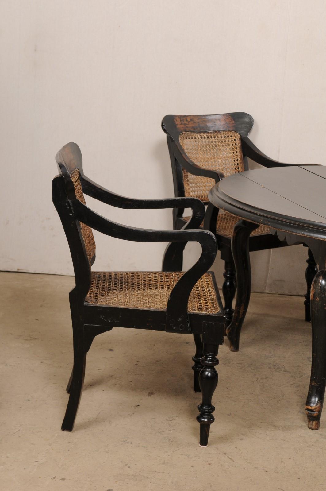 British Colonial Dining Set Round Table & Four Arm Chairs w/Cane Seat/Back In Good Condition In Atlanta, GA
