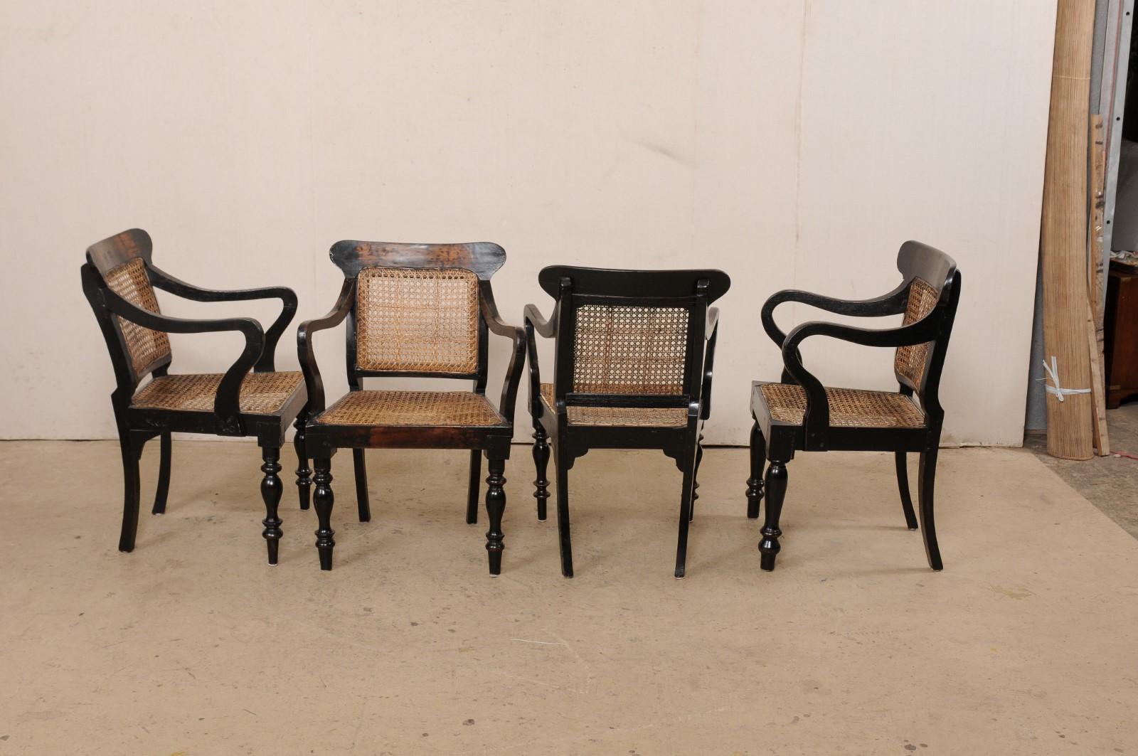 British Colonial Dining Set Round Table & Four Arm Chairs w/Cane Seat/Back 3