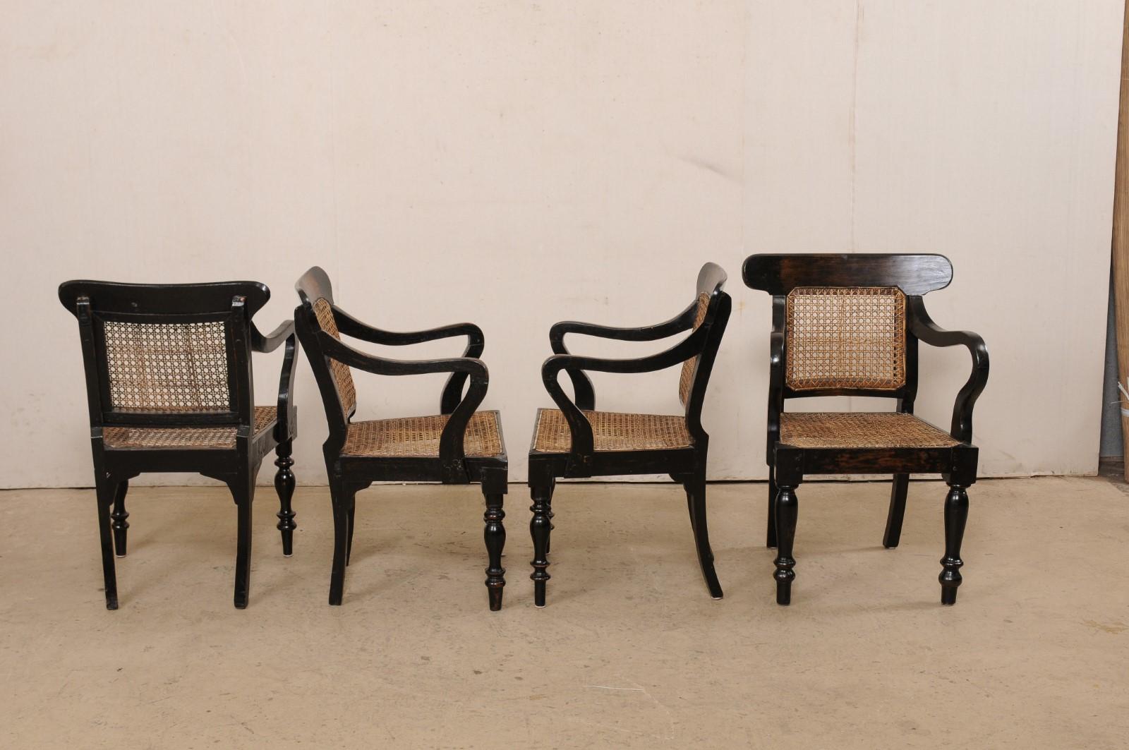 British Colonial Dining Set Round Table & Four Arm Chairs w/Cane Seat/Back 4