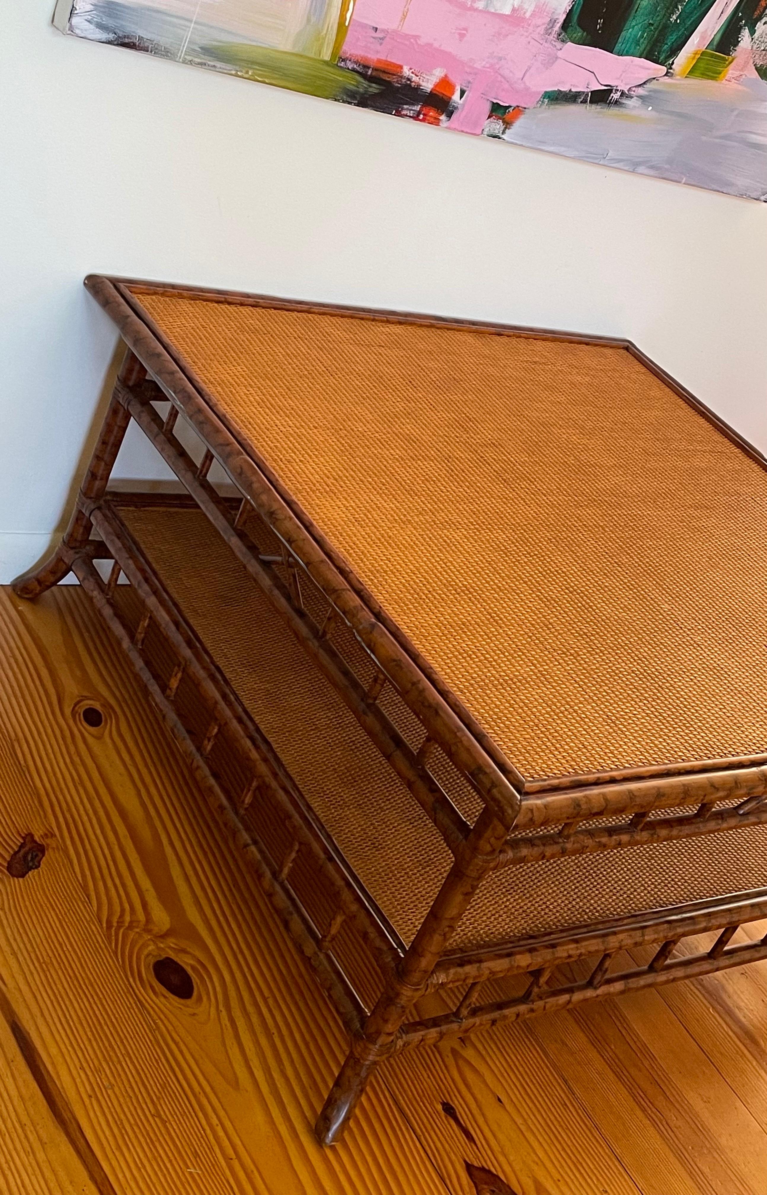 British Colonial Faux Bamboo and Grass Cloth Square Coffee Table In Good Condition For Sale In Bedford Hills, NY