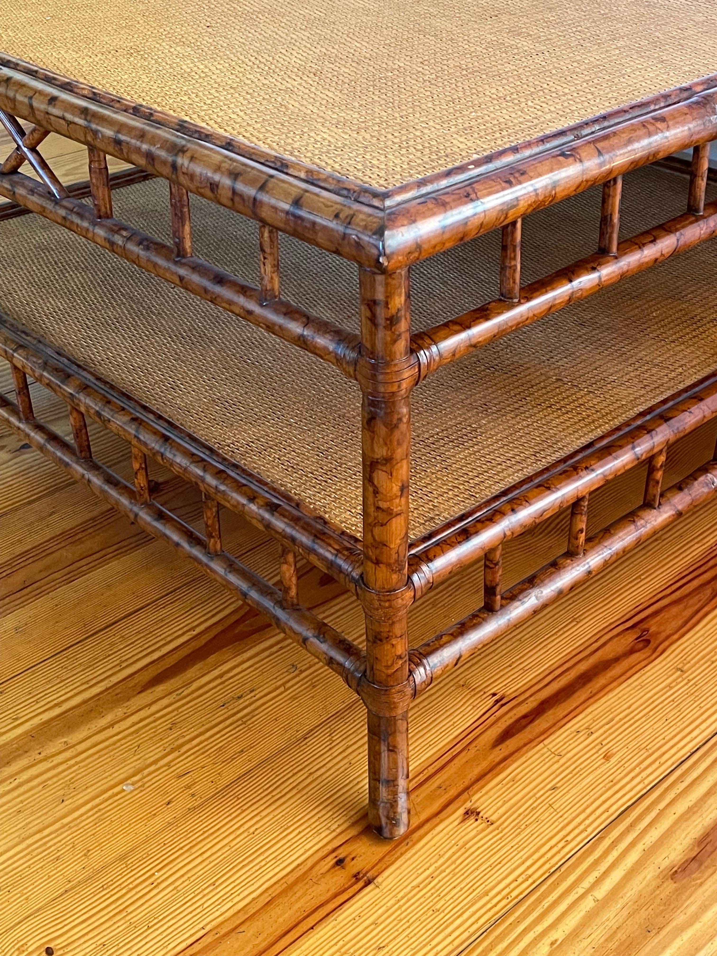 Mid-Century Modern British Colonial Faux Bamboo and Grass Cloth Square Coffee Table For Sale