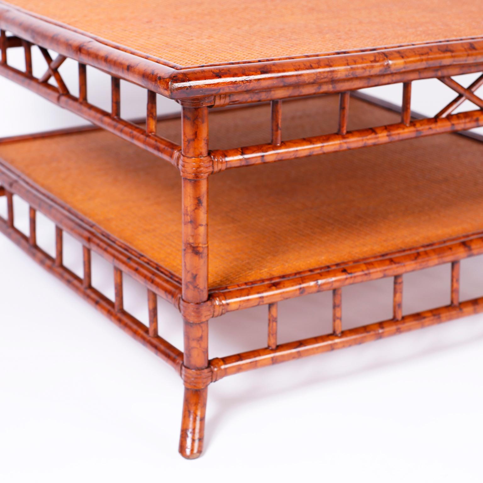 British Colonial Faux Bamboo and Grasscloth Square Coffee Table In Good Condition In Palm Beach, FL