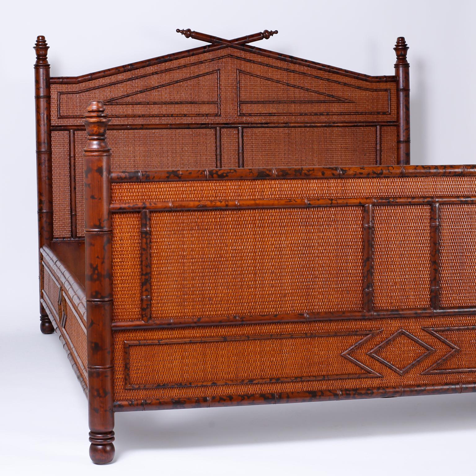 Midcentury British Colonial style faux burnt bamboo and grasscloth queen-size bed frame with turned posts and applied geometric designs. Modern interpretation of an iconic look complete with metal bed slats. Rattan and wicker decor!

Inside