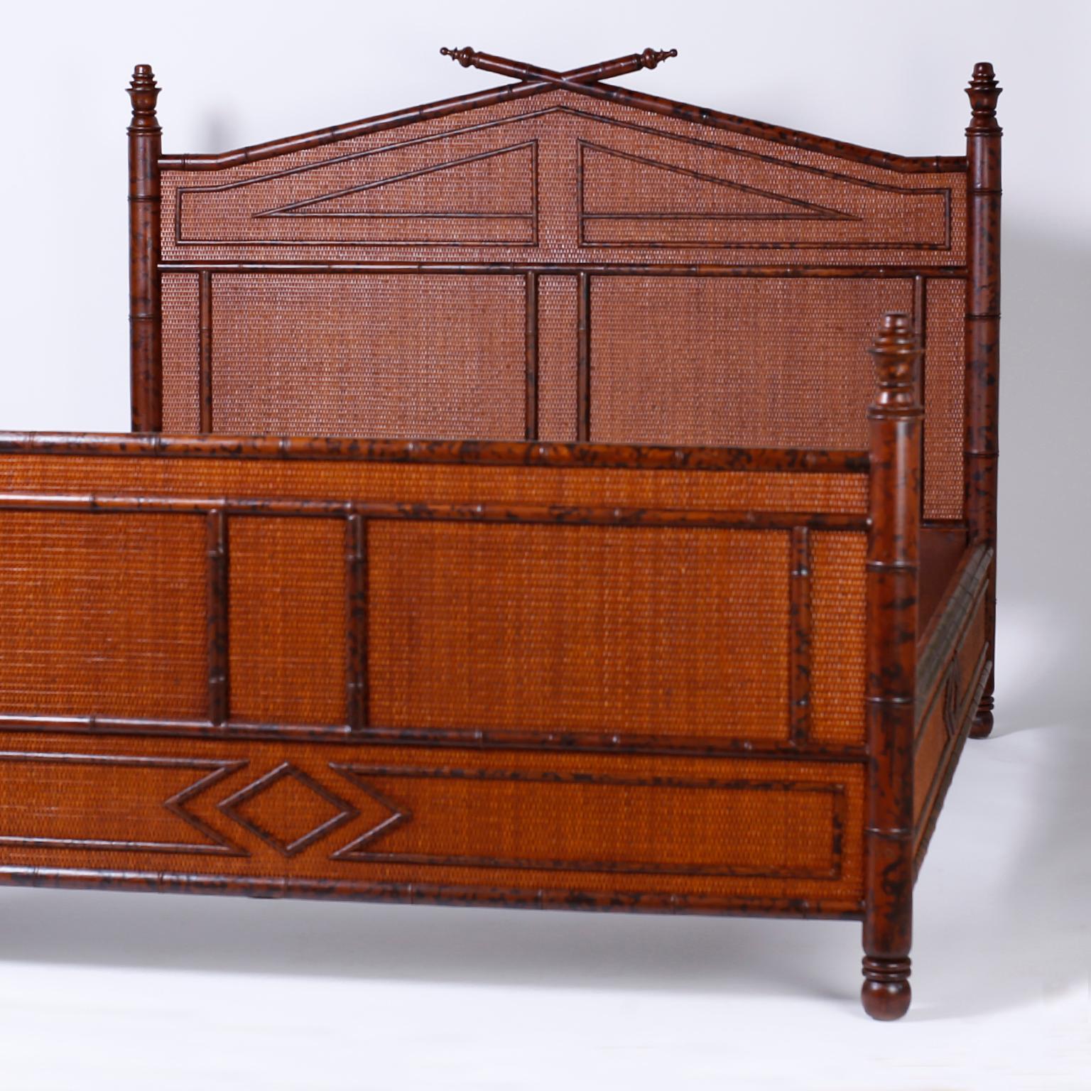 American British Colonial Faux Burnt Bamboo and Grasscloth Queen Size Bed
