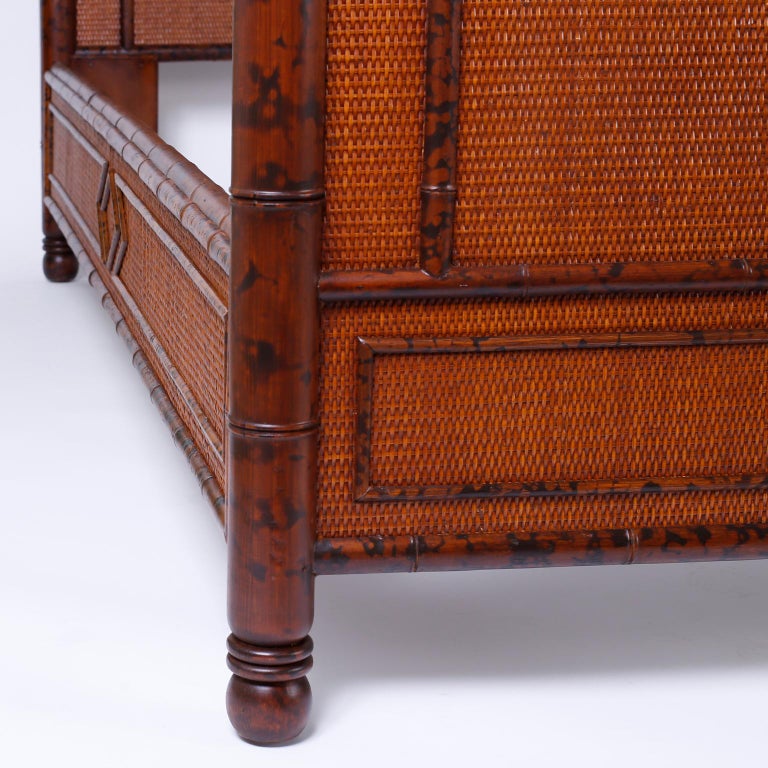 British Colonial Faux Burnt Bamboo and Grasscloth Queen Size Bed at 1stDibs