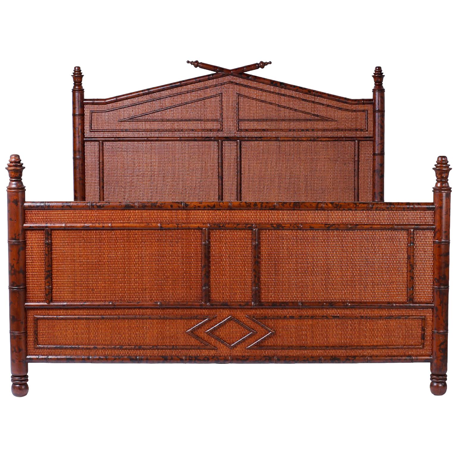 British Colonial Faux Burnt Bamboo and Grasscloth Queen Size Bed
