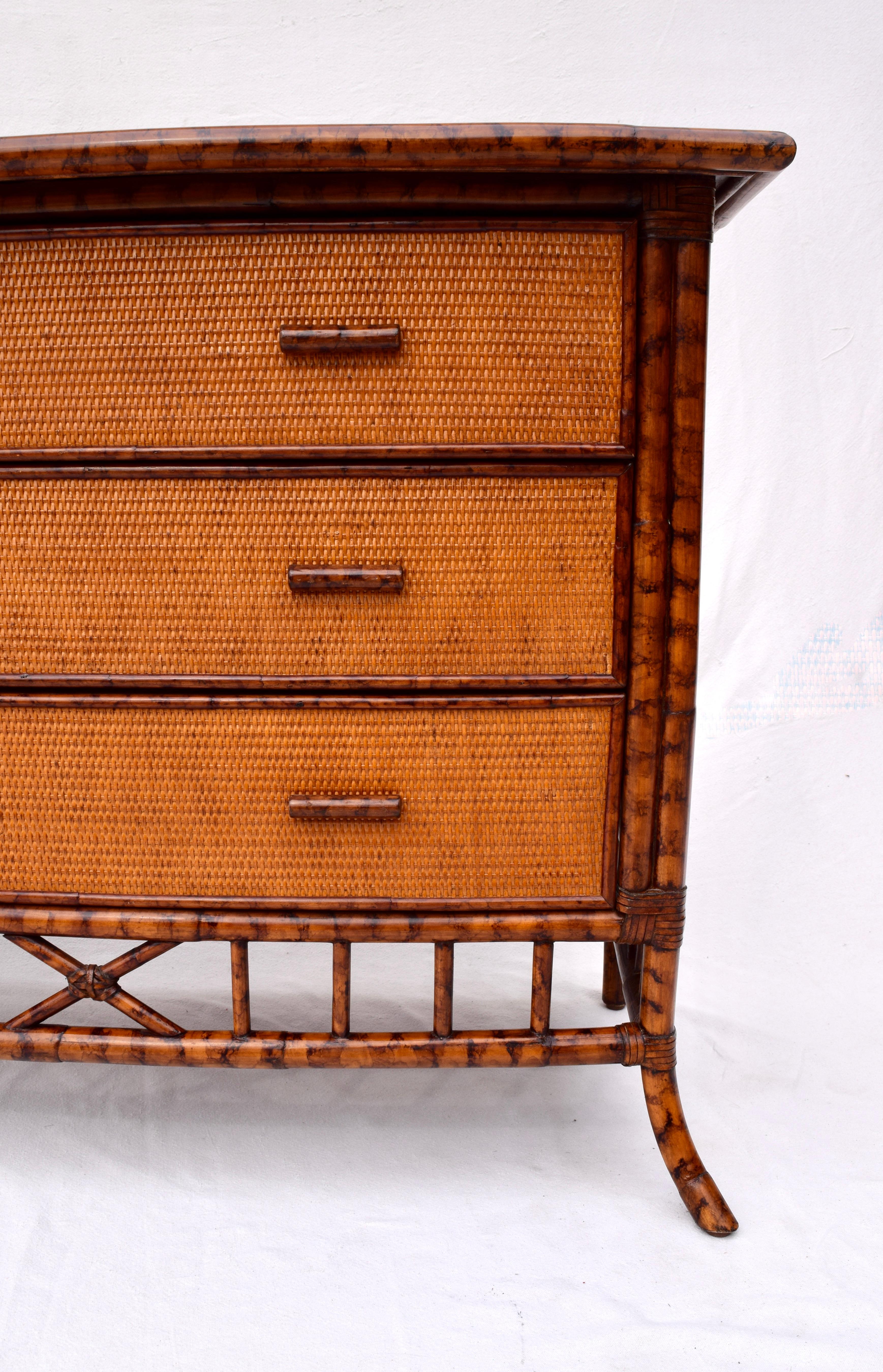 British Colonial Faux Tortoise Bamboo and Grass Cloth Chest of Drawers 5
